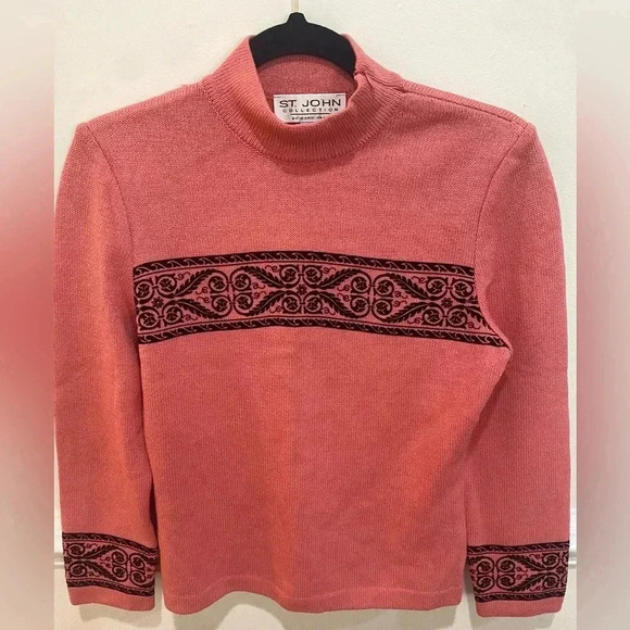 St. John Collection Marie Gray Salmon Mock Neck Sweater Black Scroll Small - Picture 9 of 10